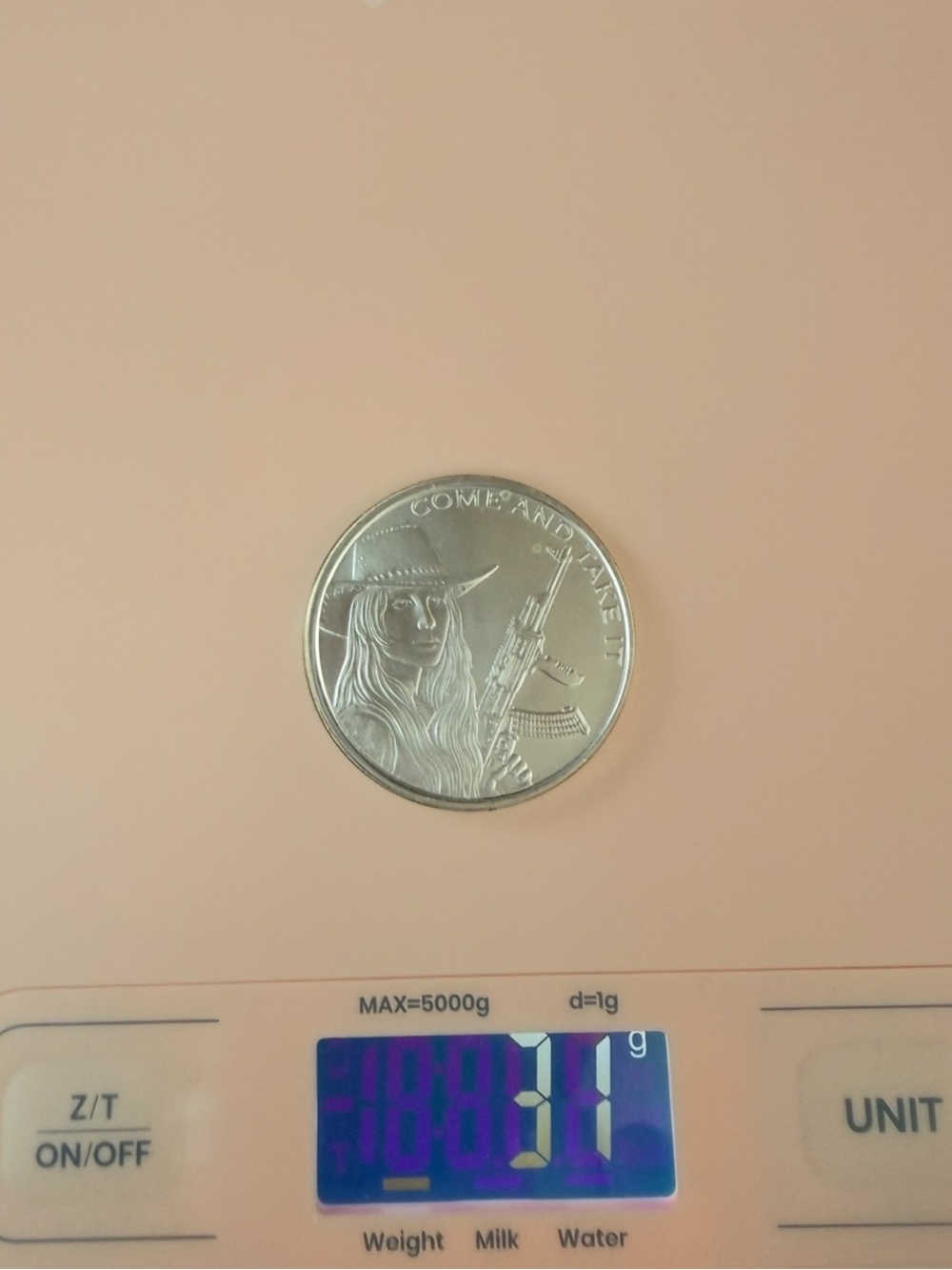 Vintage 2014 Come and Take it.  1 oz. .999 silver Shield round coin Girl
